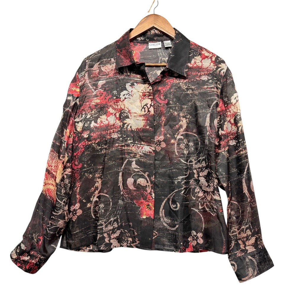 Chicos Tunic Button Up Top Women Size 2 US L Black Silk Sheer Abstract Floral